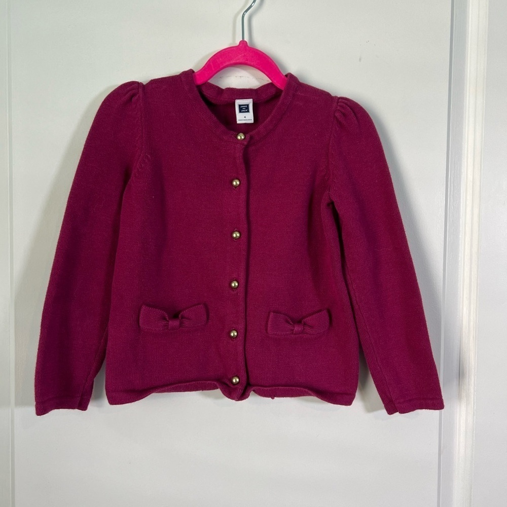Janie & Jack Magenta Bow Pockets Cardigan/ Sweater Gold Buttons | Size 4 Elegant